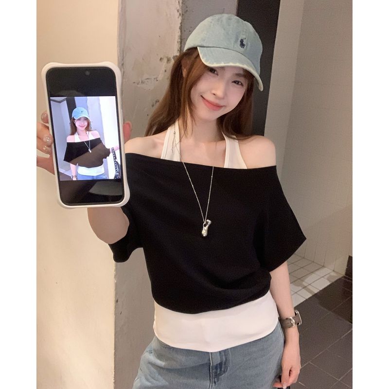 夏レトロアメリカングレーホルターネックフェイクツーピース半袖Tシャツレディース夏カジュアルルーズ万能オフショルダートップ|undefined