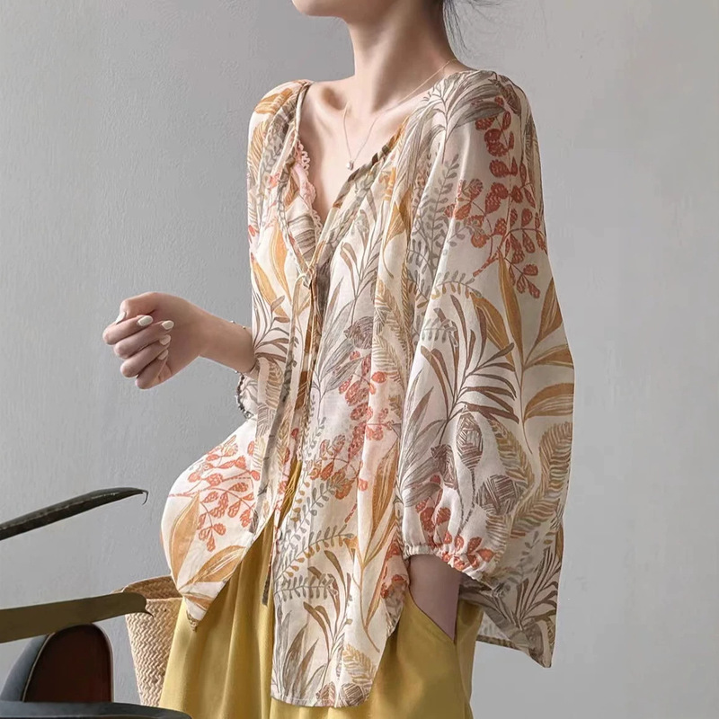 V-Neck Tie Floral Shirt for Women, Summer Design, Niche French-Style Top, Lazy Thin Style, Three-Quarter Sleeve Sun Protection Cover-Up V-Neck Tie Floral Shirt for Women, Summer Design, Niche French-Style Top, Lazy Thin Style, Three-Quarter Sleeve Sun Protection Cover-Up