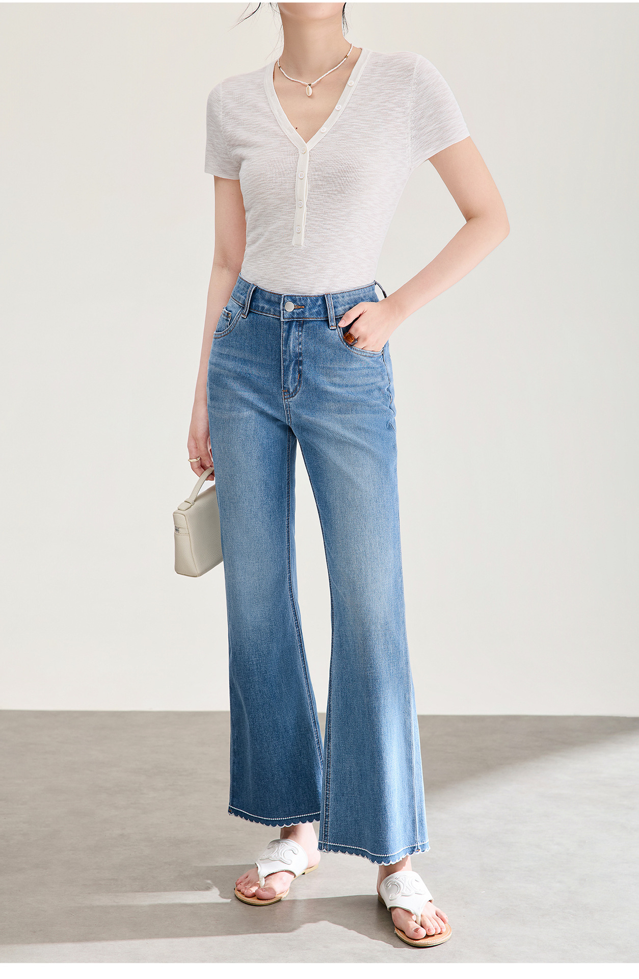 Quần jean nữ ống loe cạp cao co giãn bốn chiều vải cotton siêu mẫu — xanh lam chi tiết 20