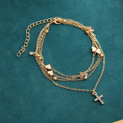 Cross-border best-selling creative diamond ankle chain, foreign trade multi-layer heart-shaped beach ankle chain, cross-shaped ankle chain, wholesale