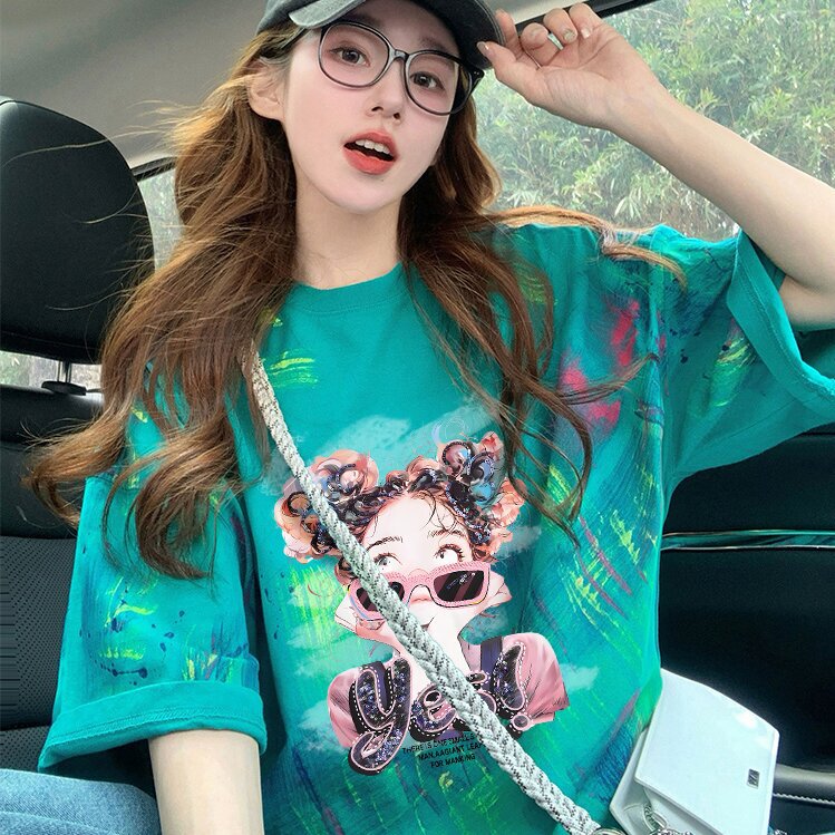 Personalized fun graffiti cotton loose T-shirt women this year's popular splash ink design long slim top tide