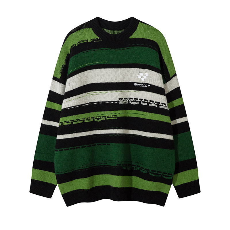 Herrenbekleidung Nationale Mode farbenfrohe Farbabstimmung Streifendesign Sinn lockerer Rundhalspullover Herrenmode brandneuer Pullover im faulen Stil_voghion.com