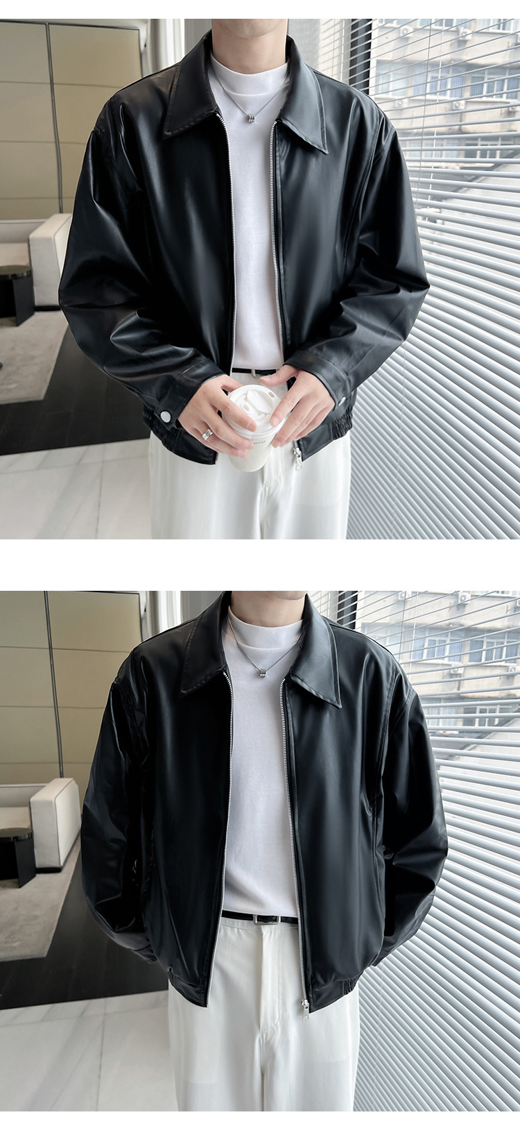 Men's Leather Jacket Black Loose Lapel Pu Leather Biker Style_voghion.com