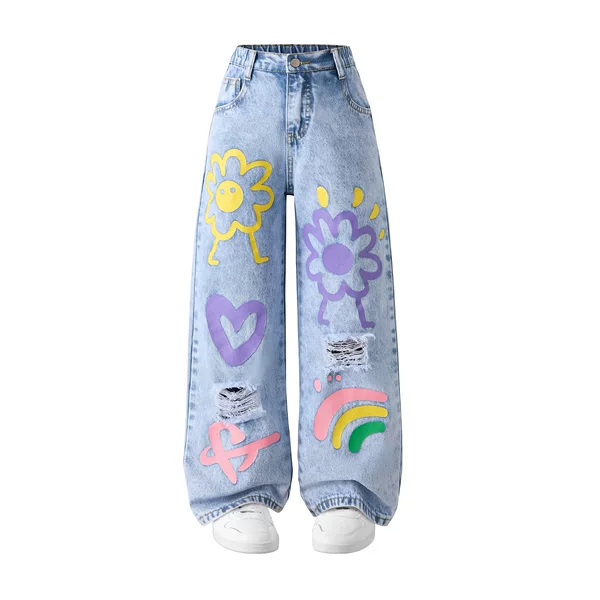 Cross-Border Exclusive for European and American Amazon.Wish.Young Girls Snowflake Washed Ripped Printed Wide-Leg Jeans