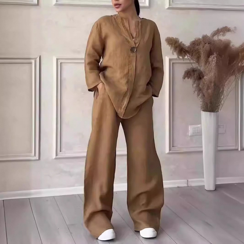 Women's Fashion Wide Leg Pants Set Casual Retro Style Full Length Polyester Spring/Autumn Wear_voghion.com
