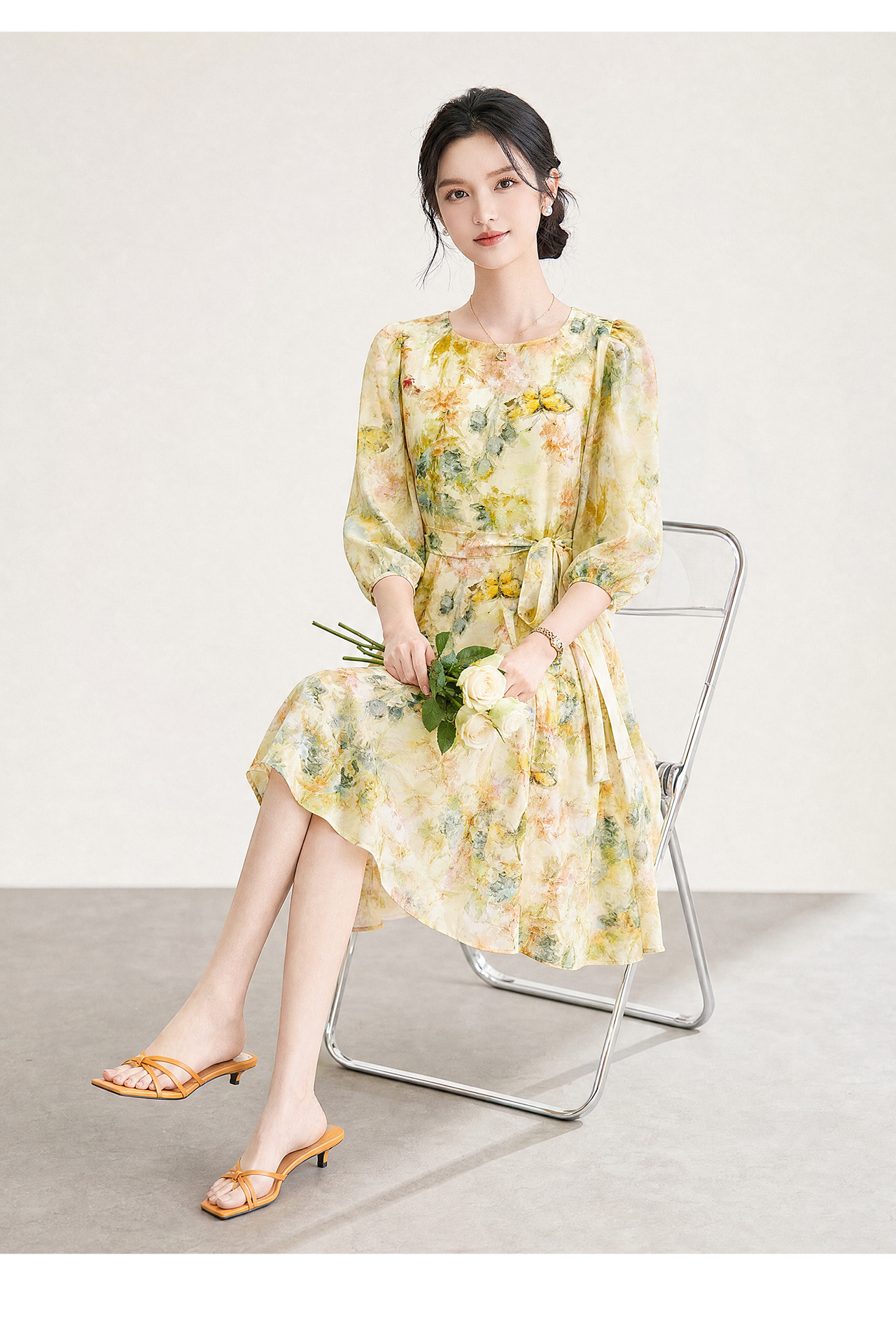 Đầm maxi nữ tay phồng hoa nhí chất liệu voan chiffon — xanh lá cây chi tiết 16