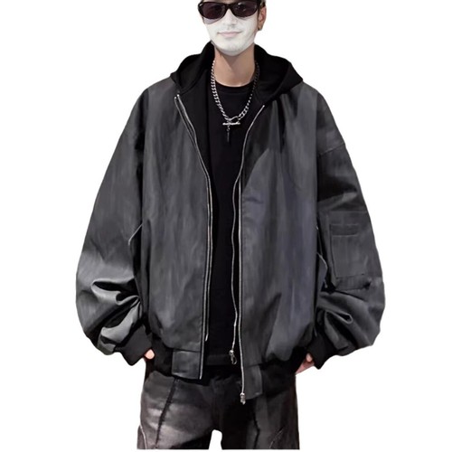 European and American hip-hop faux two-piece jacket men's spring/autumn trendy brand edgy hooded baseball uniform bomber jacket leather jacket