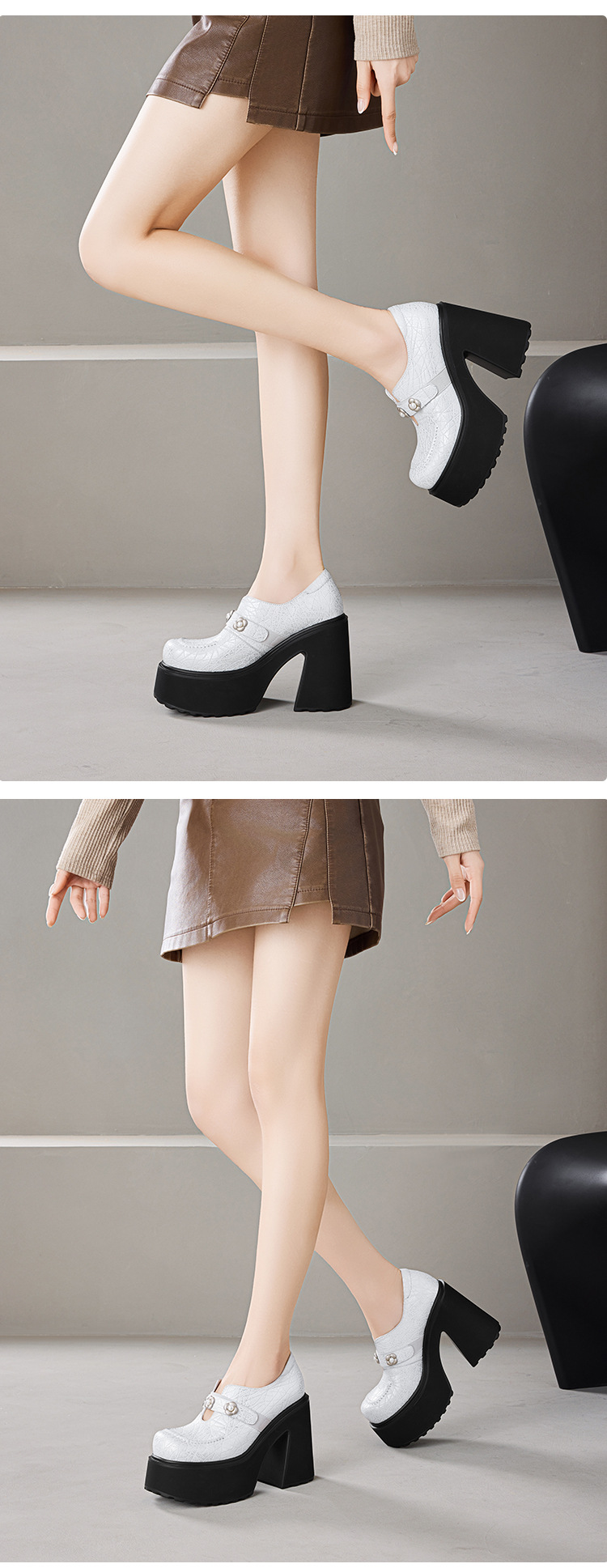Giày loafer nữ đế xuồng da thật gót vuông 12 cm phong cách Anh quốc — màu đen chi tiết 6