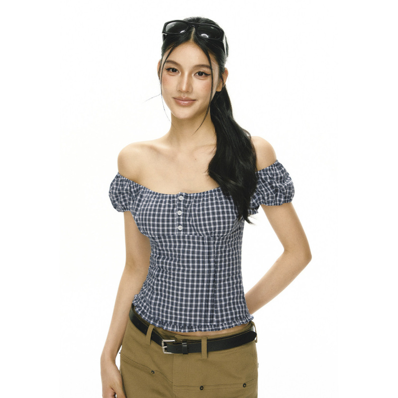 Chic Summer College Style Short-Sleeved Plaid Shirt Sweet Retro One-Shoulder Puff-Sleeved Plaid Short-Sleeved T-Shirt