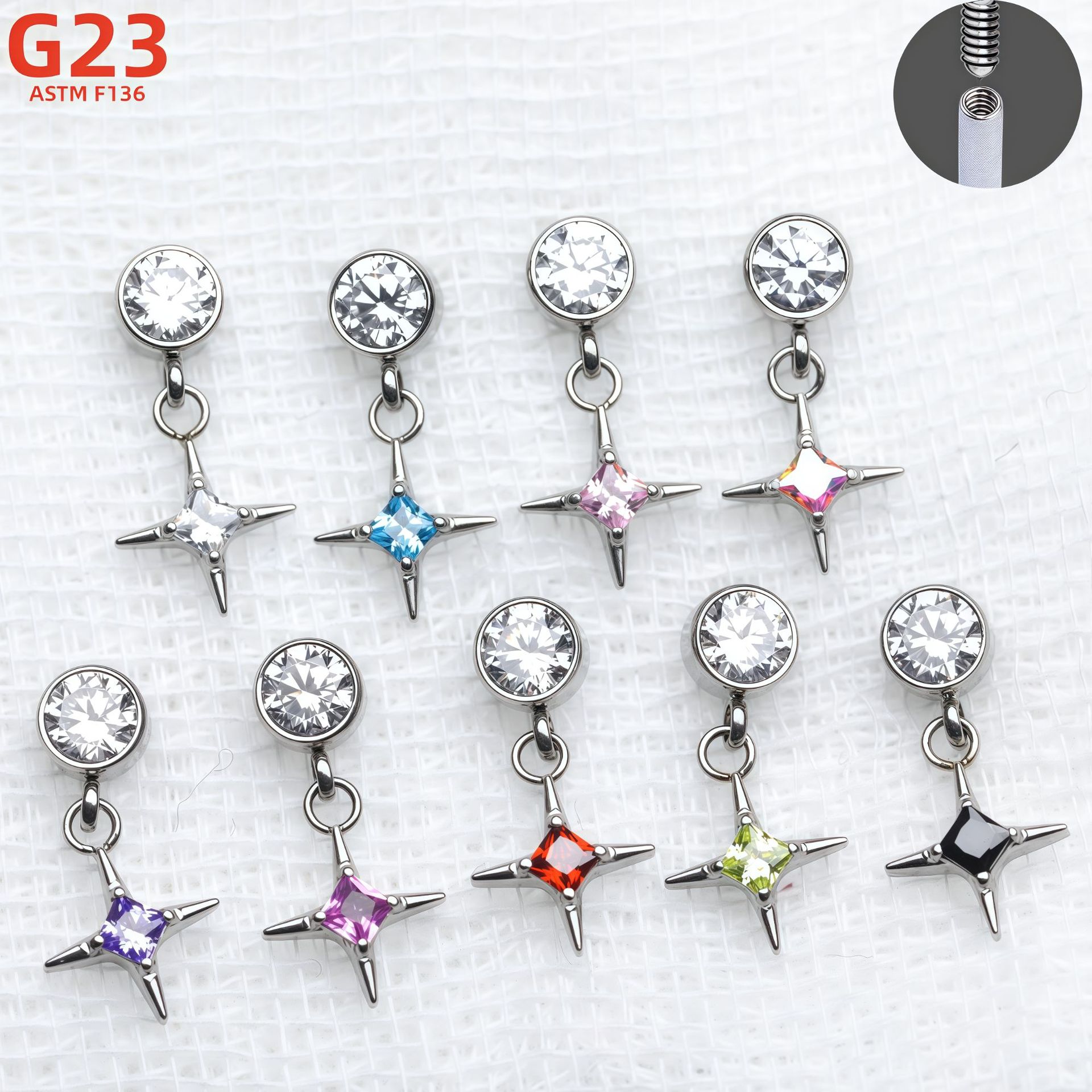 G23 Titanium Alloy Zircon Ear Bone Nail Earrings Four-Pointed Star Pendant Lip Nail Accessories F136 Titanium Piercing Jewelry Head
