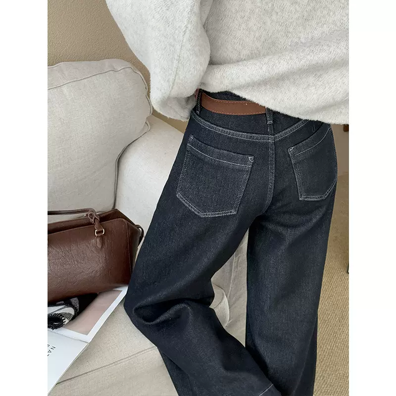 橘芷加绒加厚复古撞色直筒牛仔裤女2025冬设计感宽松显瘦长裤6999