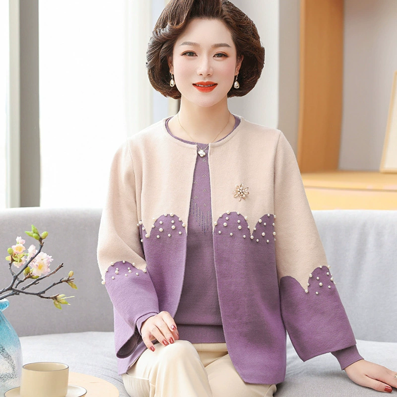 Осенне-зимнее Новое повседневное пальто для мам среднего и пожилого возраста, женский костюм из двух частей, модный подходящий ко всему топ в западном стиле, вязаный кардиган