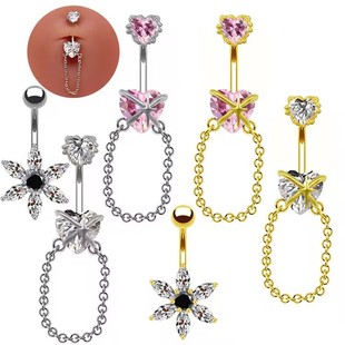 Gaibei European and American cross-border Fashion Light luxury heart-shaped zircon navel ring chain navel nail daily flower navel ring all-matching
