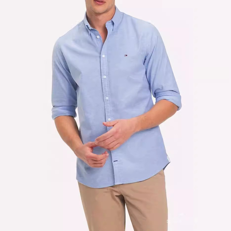 Cross-border Spot Summer Tommy Oxford Men's Embroidered Business Fit Solid Color Long Sleeve Lar Shirt 1
