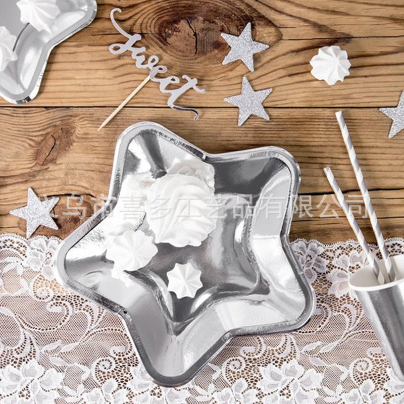 Navidad Año Nuevo Plata dorada estrella de cinco puntas plato de papel desechable en forma de plato de cena de la estrella decoración de la fiesta de cumpleaños