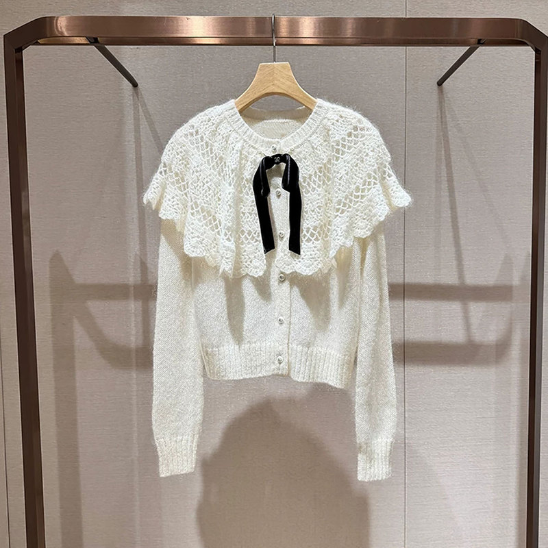 Mo Shuweiya 2026 Autumn New Cape Patchwork Hollow Bow Elegant Knit Sweater XSJ4M27D