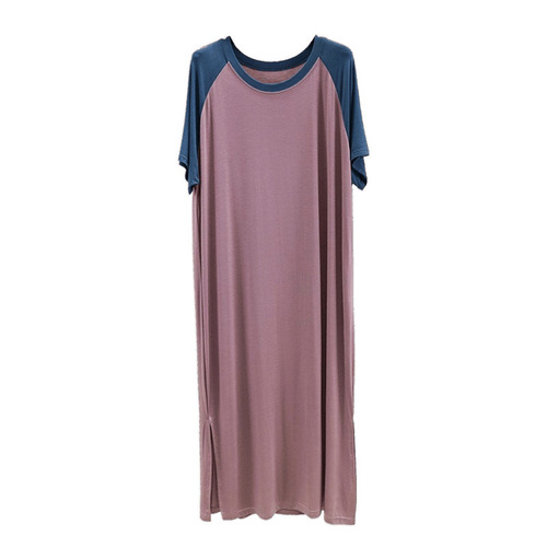Summer Color-blocked Collared Dress for Women Loose Short Sleeve Long Dress Plus Size Base Layer Skirt Thin Sleep Dress