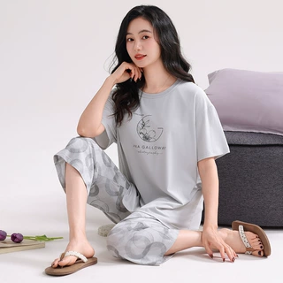 睡衣女款2026新款纯棉短袖七分裤套装薄款凉感带胸垫家居服可外穿