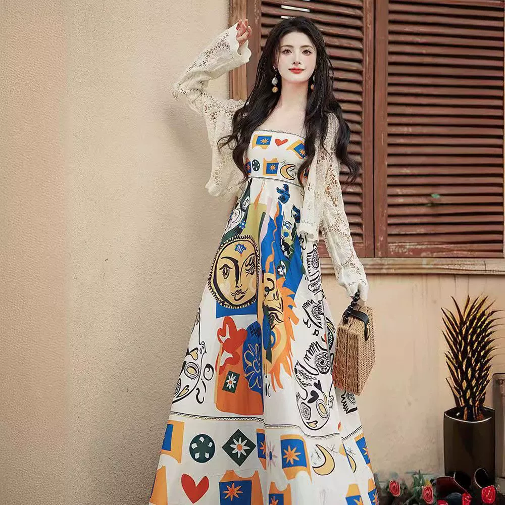 Платье на подтяжках в этническом стиле, ретро картина маслом, женское летнее дизайнерское нишевое длинное платье для отдыха на море в Юньнани