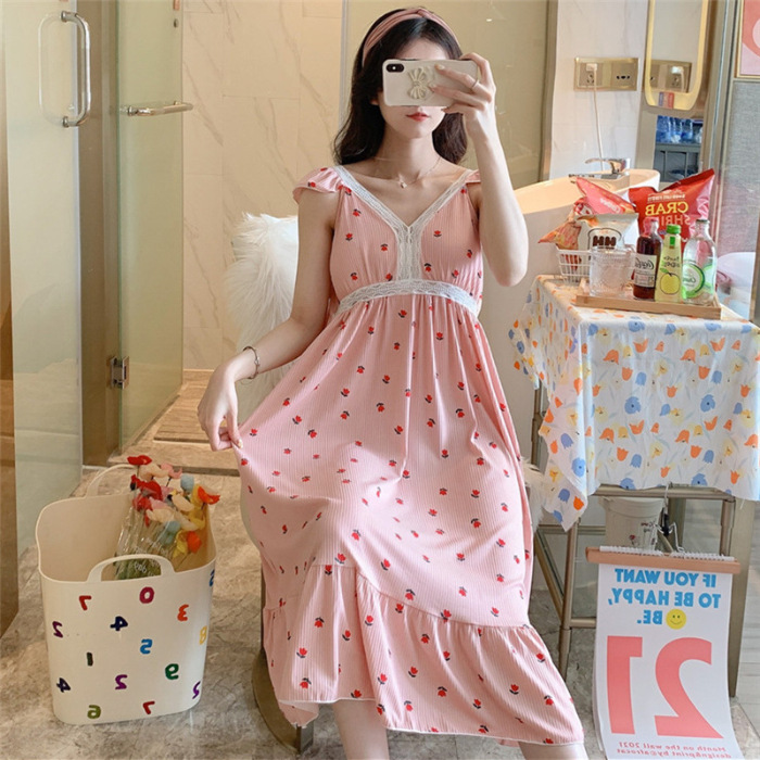 Comercio exterior al por mayor de verano estilo coreano dulce sexy con almohadilla en el pecho correa de longitud media camisón niña pijamas de encaje