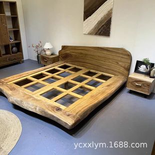 Wabi-Sabi Style Solid Wood Large Bed for Guesthouses, Hotels, and Villas; Tatami Bed; Old Elm Wood Floor-Standing Double Bed