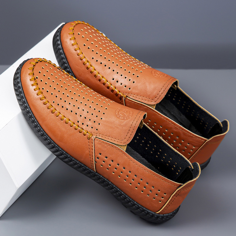 Summer Breathable Hollow Hole Shoes Soft Leather Non-Slip Dad Shoes Middle-Aged and Elderly Leather Shoes Men's Casual Soft Leather Men's Glory