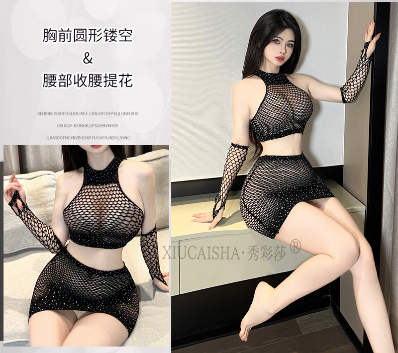 Fishnet Cut-Out Lingerie Set with Rhinestone Detail and Stockings — detail image 13