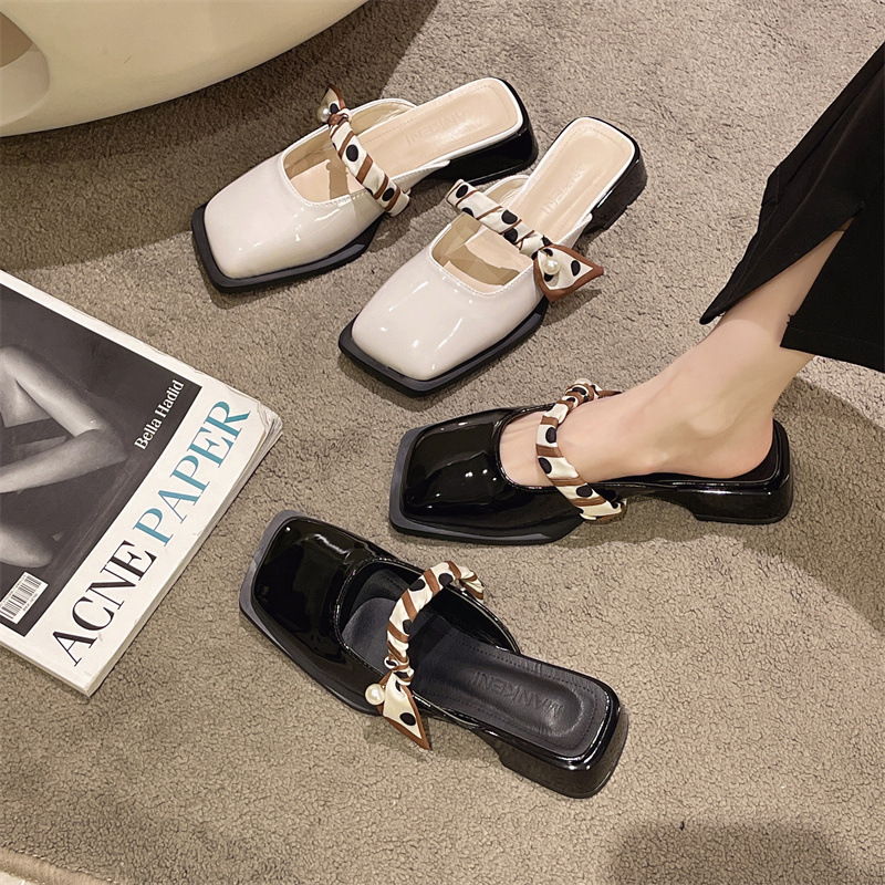 French thick heel toe-toe slippers for women for summer outer wear 2024 new style medium heel square toe half slippers with skirt lazy mule shoes_voghion.com