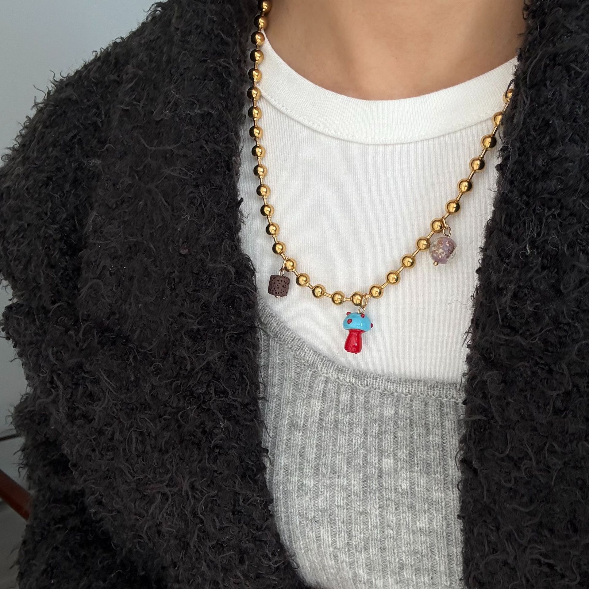 18g Weight glass Pendant Material Pendant Necklace Classification Titanium Steel Chain Material ball chain Chain Type 1 Piece Quantity Holiday, Daily, Selfie Occasion Titanium Steel Material Mushroom Pattern Women's Gender Plating Design Casual, Elegant, Lady Style Wholesale Jewelry Casual Elegant Lady Mushroom Titanium Steel Plating Pendant Necklace Ball Chain 9