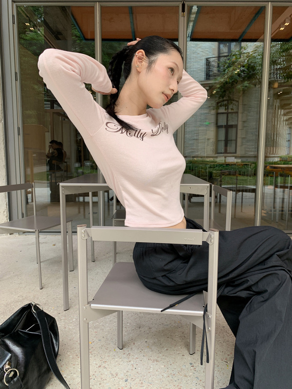 [9hour]辣妹风修身显瘦长袖t恤女 2025秋季正肩百搭上衣女c250613|undefined