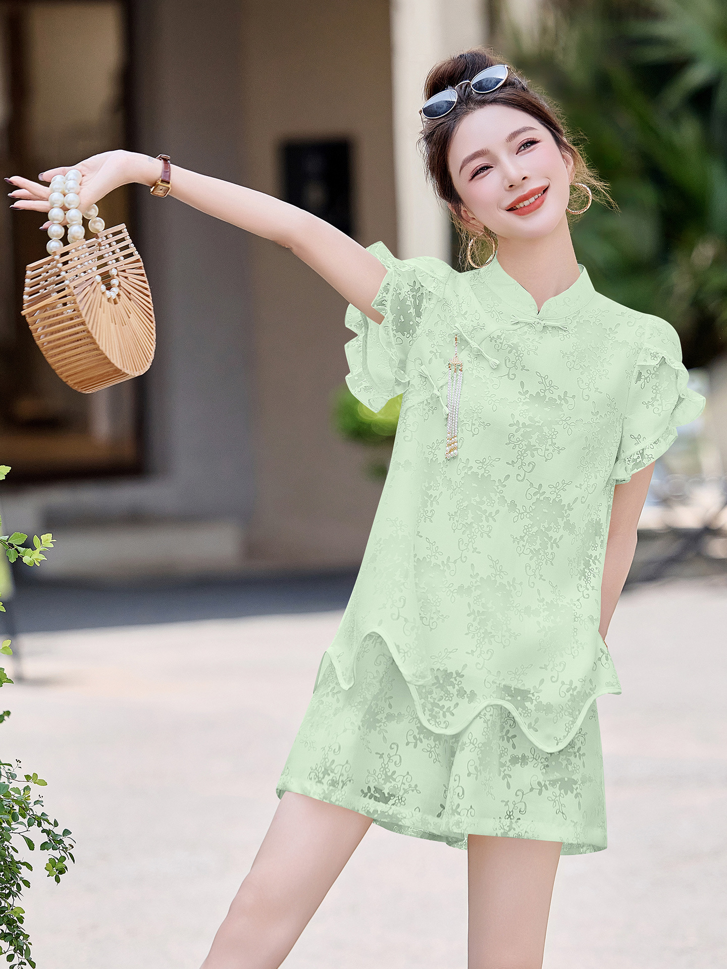 Bộ đồ ren kiểu Trung Quốc mới mùa hè 2025, áo ngắn khóa cài retro hai mảnh — màu xanh lá cây, mơ