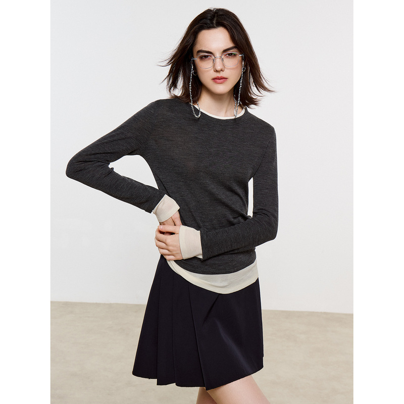 Hanyuan Apparel/ Recommended Miu Style Faux Two-Piece Upgraded Version Ultra-Fine Merino Wool Base Layer Shirt
