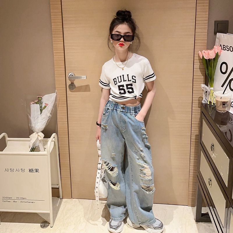 Foreign Trade Girls Summer Pants 2025 New Casual Medium and Large Children's Ripped Jeans Foreign Trade Girls Summer Pants 2025 New Casual Medium and Large Children's Ripped Jeans