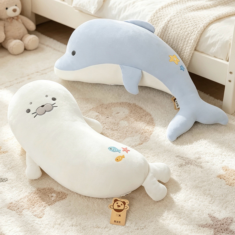 Verano helado delfín almohada de rayas largas marionetas pescado muñecas niños dormir en la cama almohada regalar piernas almohada novia