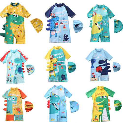 Children's swimwear for boys, one-piece swimsuit for baby boys, long-sleeved beach, sunscreen, hot spring, swimming suit with dinosaur design