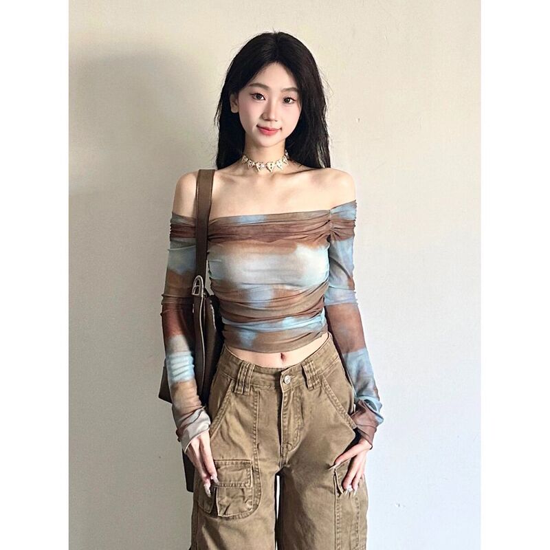 American Style Retro Hot Girl Style off-shoulder T-shirt Women's Autumn Slim-fit Short Top Thin Navel-exposed Long-sleeved Base Shirt American Style Retro Hot Girl Style off-shoulder T-shirt Women's Autumn Slim-fit Short Top Thin Navel-exposed Long-sleeved Base Shirt