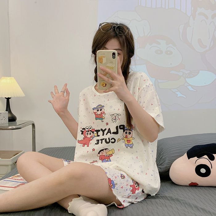 Venta al por mayor transfronteriza de pantalones cortos de manga corta pijamas mujeres nubes algodón verano nuevo estudiante dulce dibujos animados traje de servicio a domicilio oso