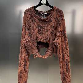 2025年秋冬季圆领长袖水洗破洞宽松街潮慵懒风毛衣