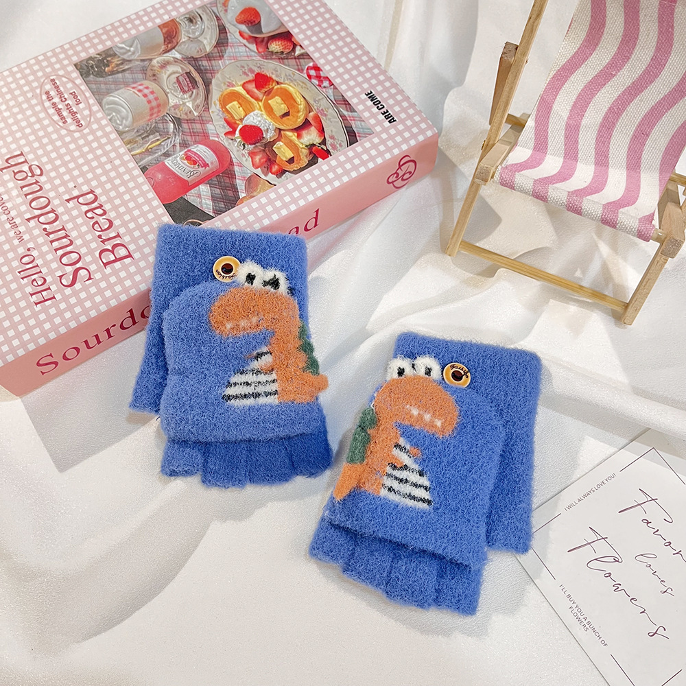Otoño y invierno niños excavadora impresa dibujos animados adorables medio dedo flip escritura guantes de lana guantes calientes