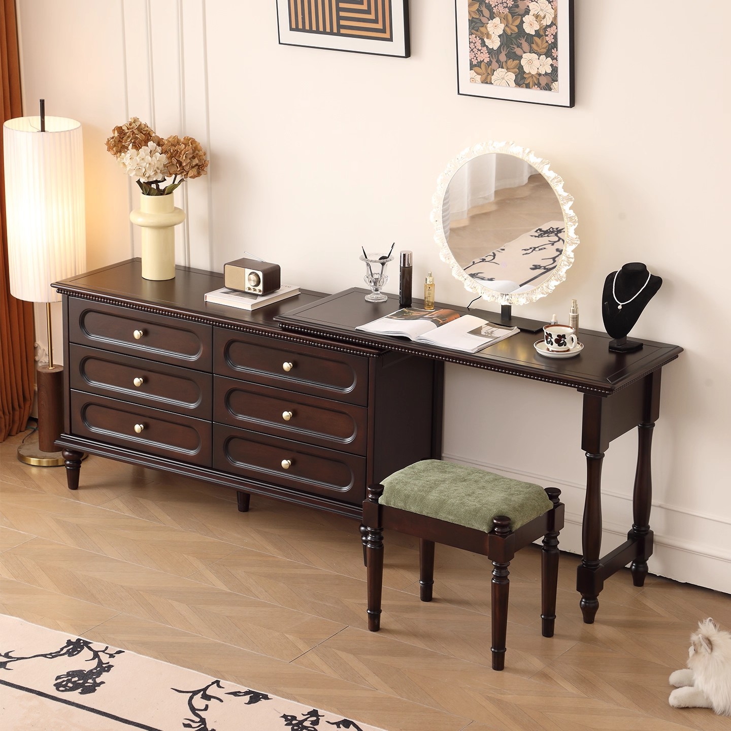 French Retro Style Dressing Table and Cupboard Integrated Retractable Rotating Solid Wood Bedroom Storage Corner American Dressing Table