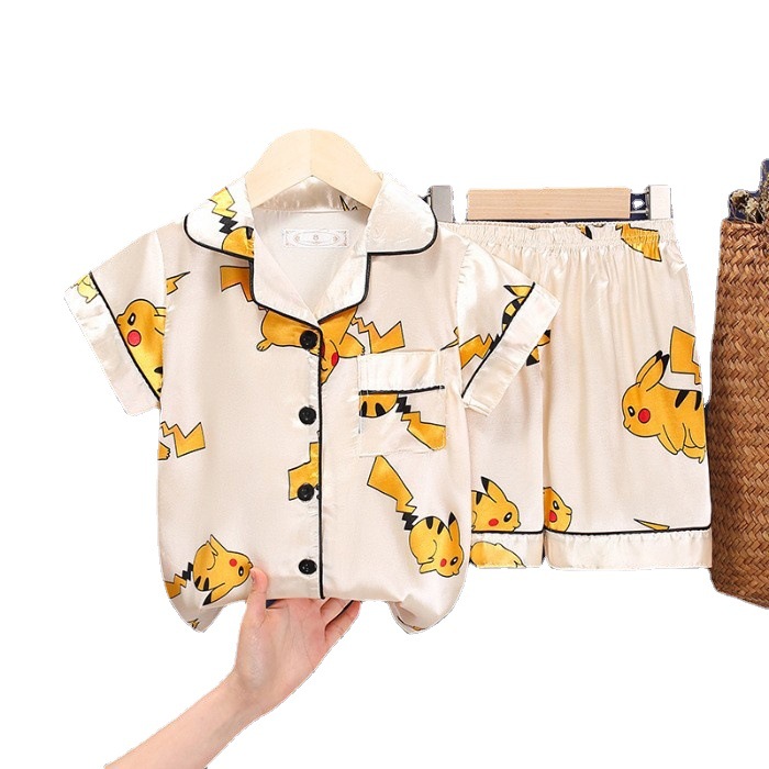 Pijamas de verano para niños Pijamas para adultos de niñas de dibujos animados de seda de hielo Ropa para padres e hijos Cardigan para niños Traje de manga corta Homewear