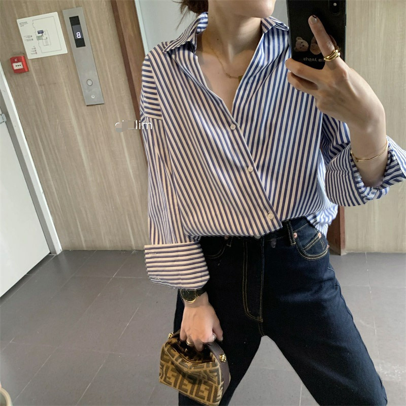 Shirt Women's Design Sense Niche Spring and Autumn Retro Hong Kong Style Striped Shirt Loose Long Sleeve Outwear All-match Top