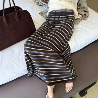 韩版新款时尚ins度假风松紧腰系带条纹半身裙女春秋针织撞色长裙