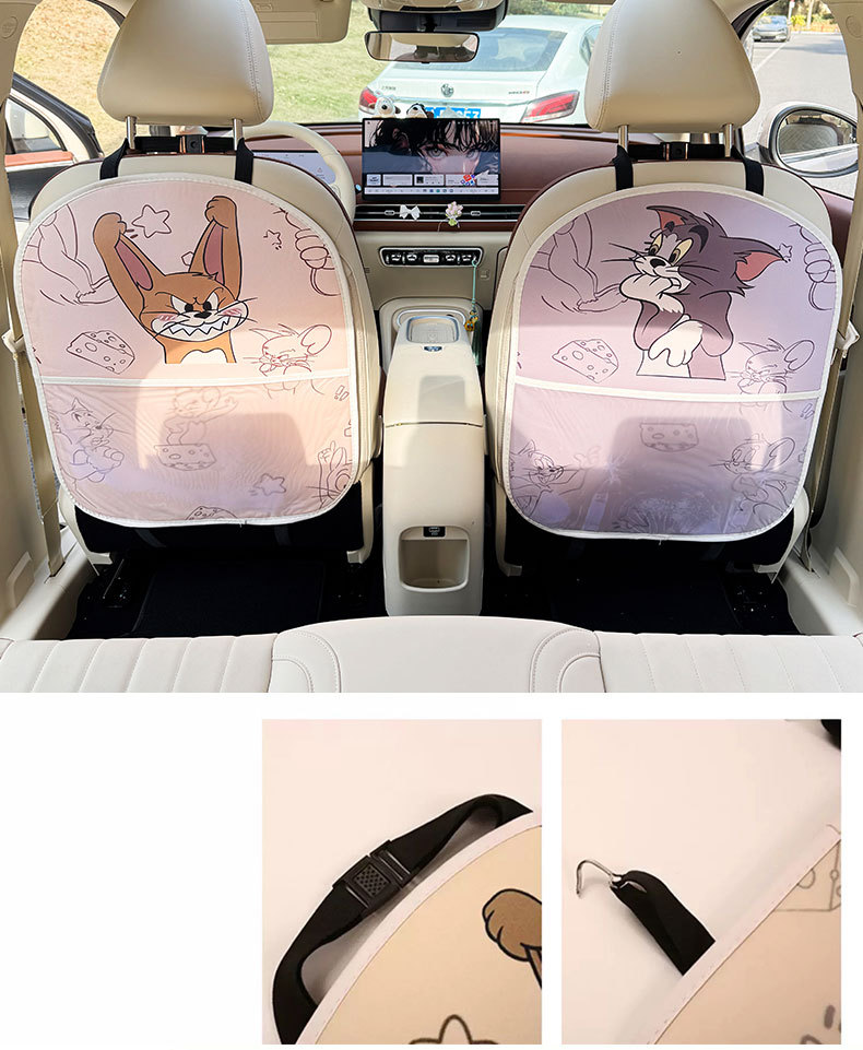 Cat and Mouse Cartoon Car Seat Back Anti-Kick Pad Car Seat Back Anti-Dirt Pad with Storage Bag