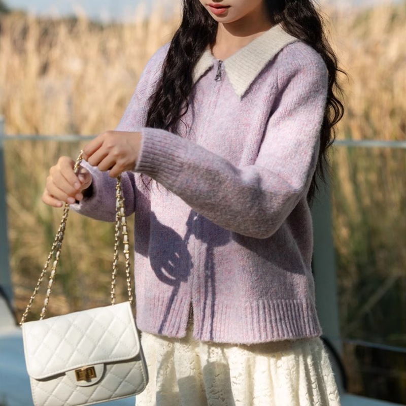 素色左岸慵懒风宽松紫色拉链翻领毛衣外套女秋季新款显瘦针织开衫|undefined
