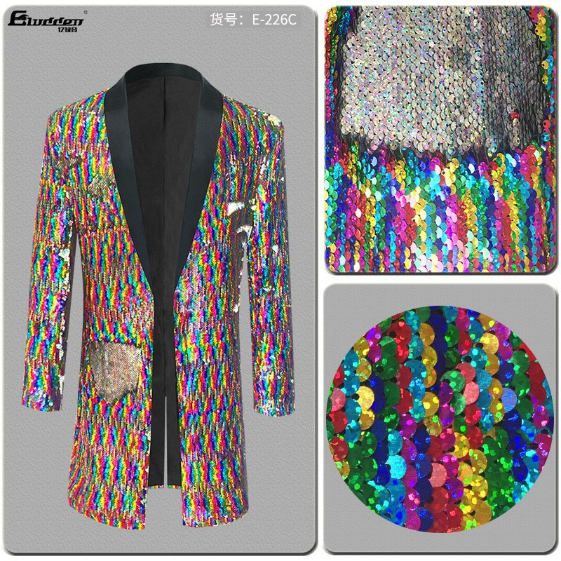 Men's Color-Changing Coat Flip-Piece Colorful Laser Sequins Nightclub Bar Host Long DJ Fashion Singer Coat Men's Color-Changing Coat Flip-Piece Colorful Laser Sequins Nightclub Bar Host Long DJ Fashion Singer Coat