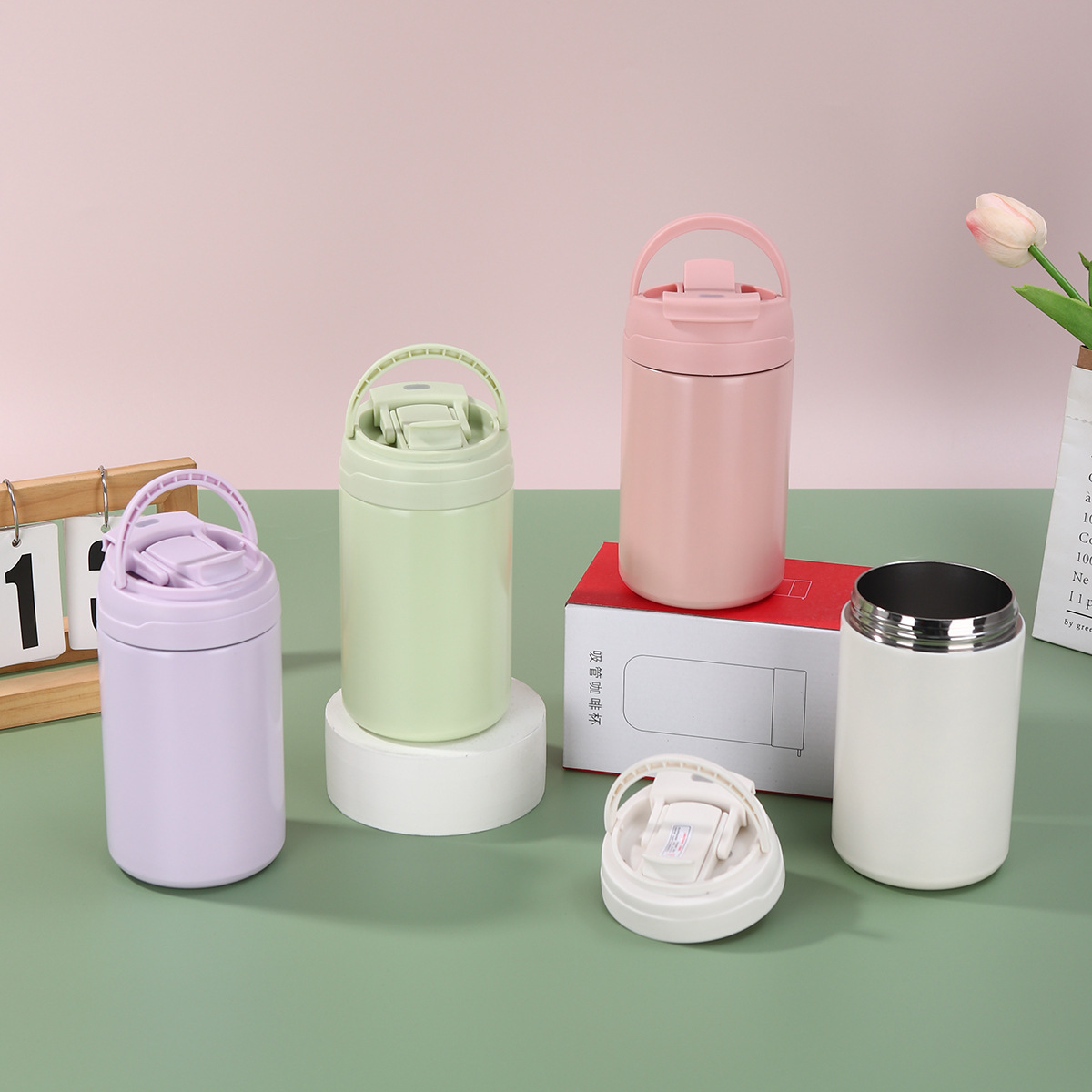 小巧可爱马卡龙色咖啡杯便携手提304不锈钢保温杯真空随行双饮杯