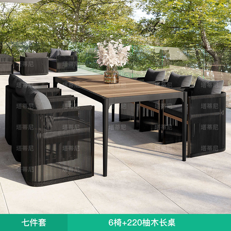 Muebles de patio para exteriores, muebles de jardín para villas, conjunto de sillas de teca y ratán para balcón, mesa y sillas de ratán tejido para exteriores. image 13