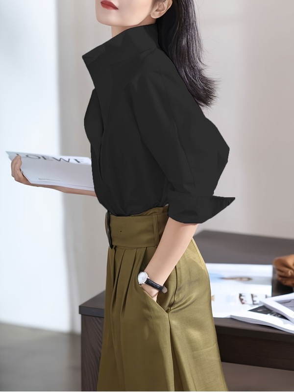 女性用七分袖シャツ、万能初秋新作バットルーズスタンドカラーホワイトシャツボトム気質トップ|undefined