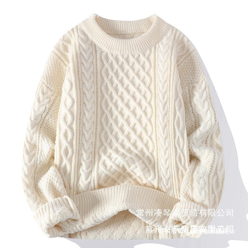 Men's New Winter Sweater, Round Neck, Solid Color Knitwear, Spring and Autumn Pullover, Stylish Cable Knit, Fleece-Lined, Thickened, Wholesale